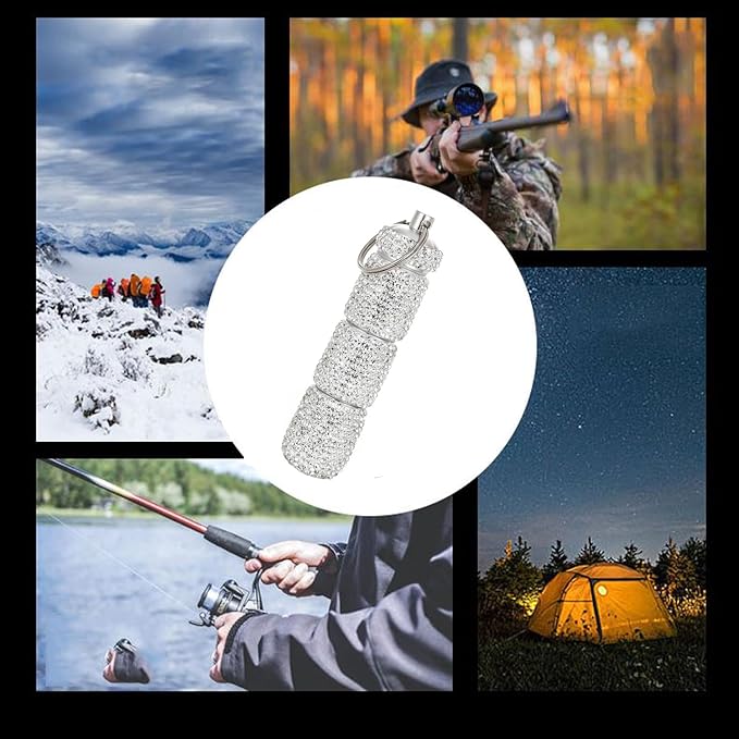Bling Portable Pill Case with Keychain，Bling Rhinestone Small Fancy Pills Container Glitter Waterproof Holder Keychain for Women Aluminum Bottle Reusable for Outdoor Camping. (Silver)