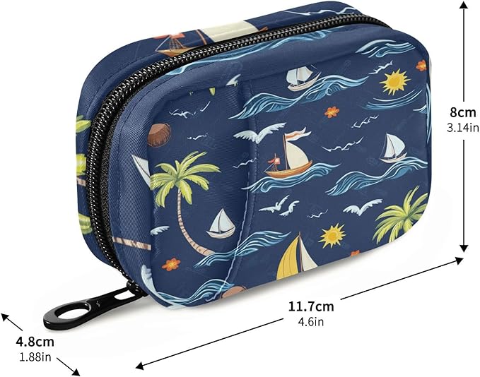 Travel Pill Case Palm Trees Ship Sun and Waves Weekly Small Pill Box 7 Day Pill Box Pill Organizer Bag
