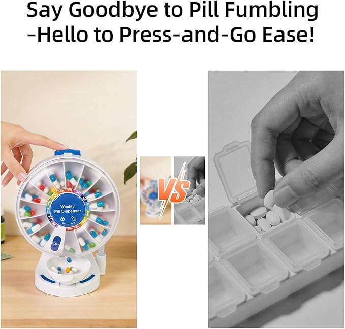 Weekly Pill Dispenser, 14 Compartment Large Pill Organizer with One-Press Button, Wall Mount or Countertop Pill Dispenser with Cup, Easy Vitamin & Medication Organizer for Elderly (Blue)