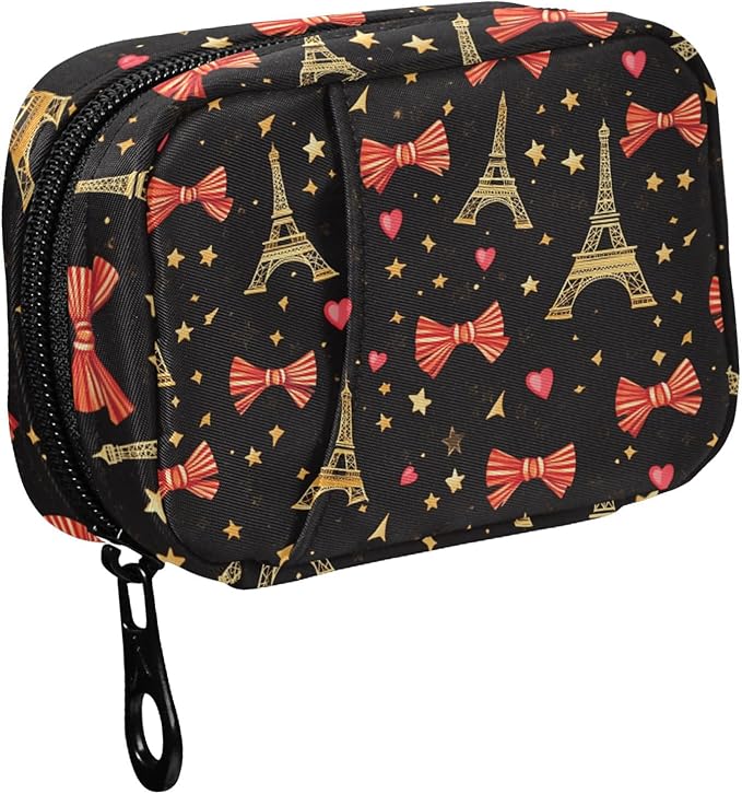 Fustylead Hand Draw Golden Eiffel Towers Hearts Stars Bow Tie Travel Pill Organizer Bag with Zipper Small Pill Box 7 Day Pill Case for Purse Storage Weekly Vitamin Medicine Supplement