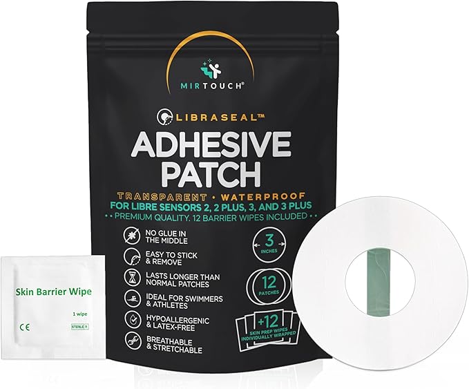 Transparent Waterproof CGM Sensor Patches for Freestyle Libre 1, 2, 3 & Plus - No Glue in Center - 12 Adhesive Patches Plus 12 Skin Prep Wipes - Hypoallergenic Glucose Monitor Patch Set