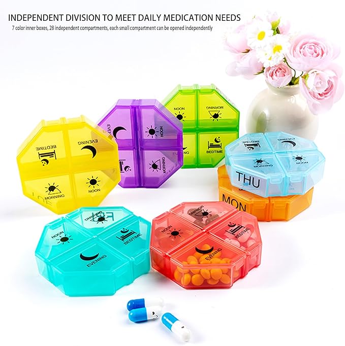 Weekly Pill Organizer 4 Time a Day，Pill Dispensers， Pill Box 7 Day with 28 Extra Large Compartments Portable Travel ，4 Times a Day Pill Case, for Medication/Vitamins/Fish Oils (Black Rainbow)