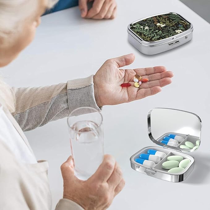 Vintage Botanical Pill Box-2 Compartment Small Pill Case Square Organizer Case with Mirror Portable Metal Medicine Box Travel Container for Pocket & Purse Women Men(Wild Plants)