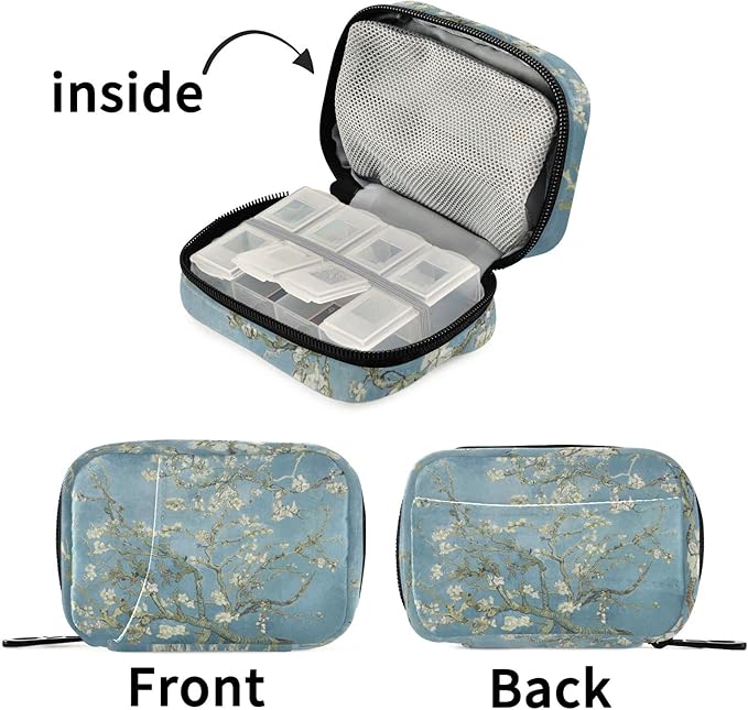 Almond Blossom Van Gogh Pill Box 7 Day Pill Case Bag Travel Pill Organizer Bag with Zipper Portable Weekly Case Compact Size for Vitamin Supplement Holder
