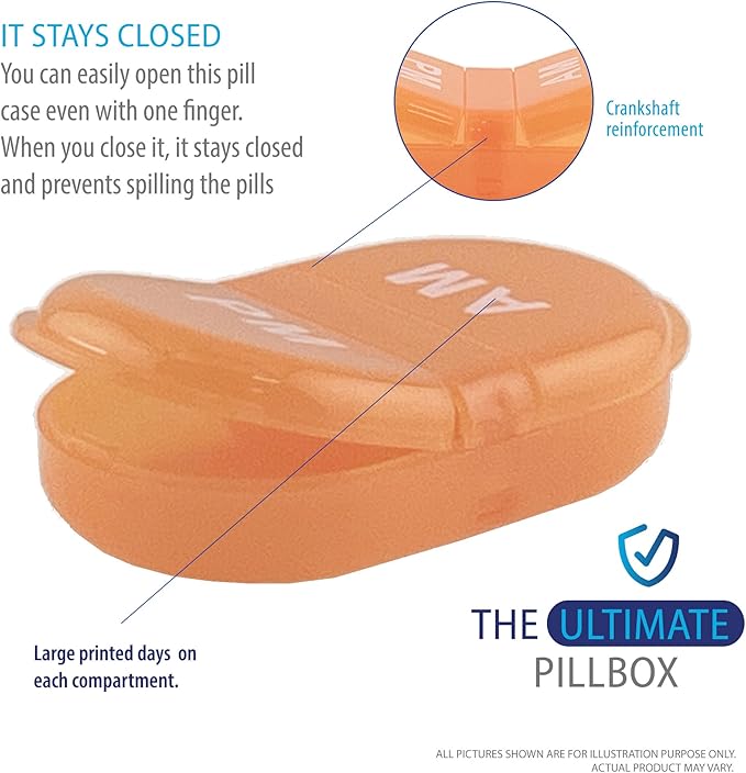 Deke Home - Pill Organizer AM PM, 2 Compartment Pill Box for Pocket or Purse, Small Daily Medicine Case, Travel Pill Holder, Easy Open Pill Container for Seniors, Vitamins & Supplements (Orange)