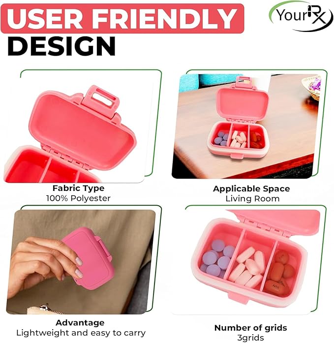 Travel Pill Organizer - Durable, Watertight Pill Case Travel Size with 3 Compartments - Compact Pill Travel Case for Vitamins, Supplements, Medicine - Travel Pill Container for Purse (Pink)
