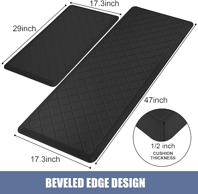 Cushioned Kitchen Mat 2 PCS, Anti Fatigue Kitchen Rugs, Heavy Duty Kitchen Rugs and Mats Non-Skid, Ergonomic Comfort Foam Kitchen Floor Mat for Home, Office, Sink, Laundry - Black