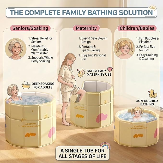 Quivora 27.5" Portable Bathtub for Adults, Seniors, Kids & Pets, Inward Folding Edge for Easy Step-In, 2-in-1 Ice Bath & Hot SPA Collapsible Soaking Tub (Yellow, 27.5x26")