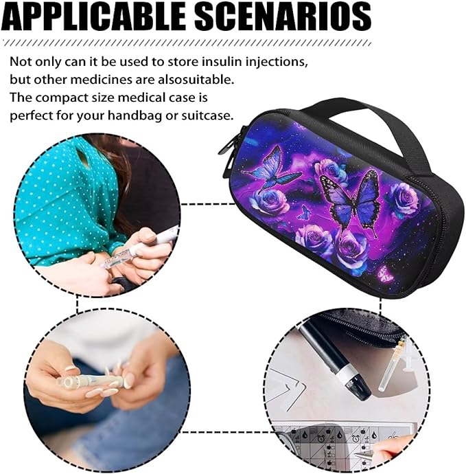 Purple Butterfly Roses Insulin Cooler Travel Case Insulated Glucose Meter and Diabetic Supplies Storage Carrying Bag for Needles, Infusion Sets, Insulin Cartridges, Tester Strips