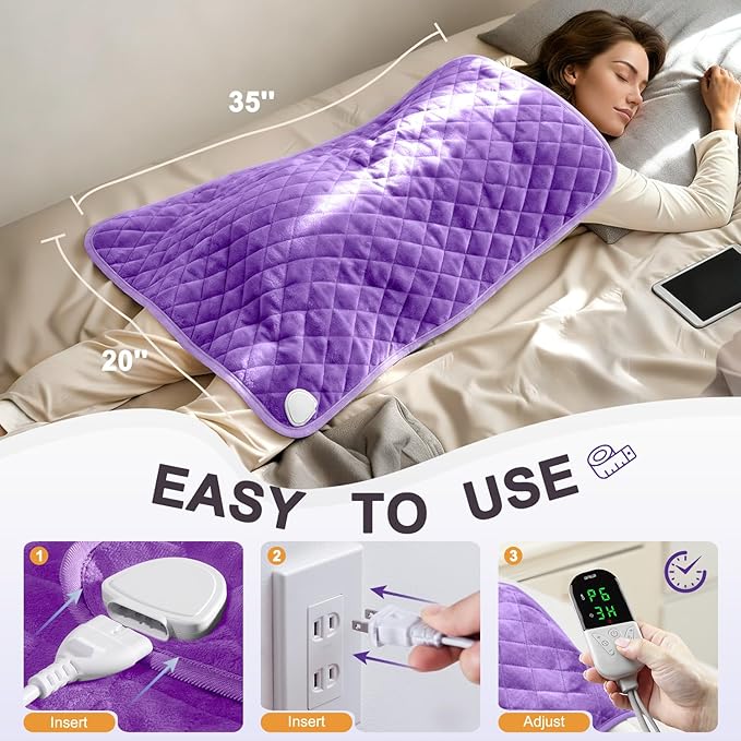Heating Pad for Period Cramps Relief - 35"x20" Extra Large Electric Heating Pad for Back, Neck and Shoulder, Moist & Dry Heat, Adjustable Temperature, Timer Auto Shut-Off, Machine Washable (Purple)