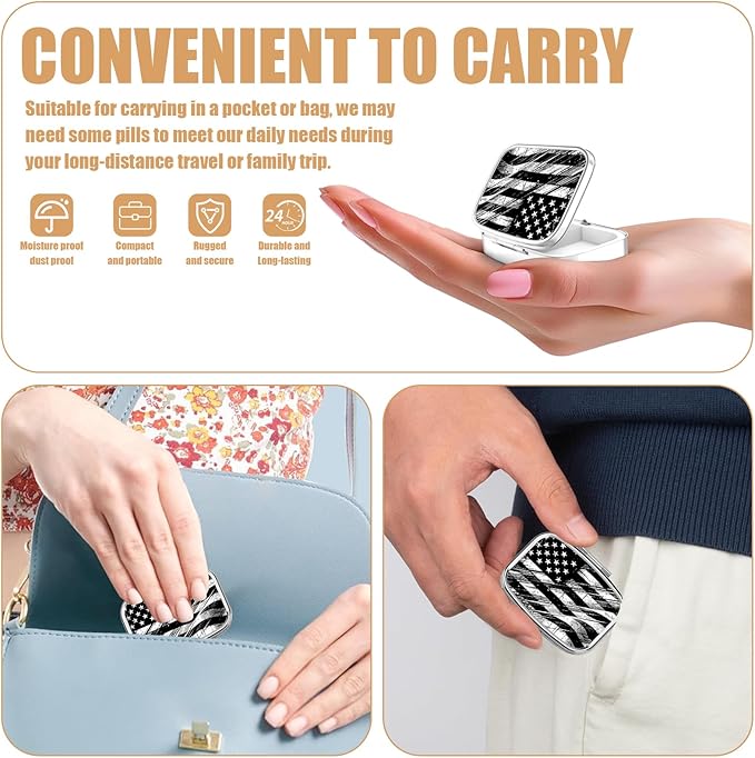 Pill Box-2 Compartment Small Pill Case Square Organizer Case with Mirror Portable Metal Medicine Box Travel Container for Pocket & Purse Women Men（Black USA Flag）
