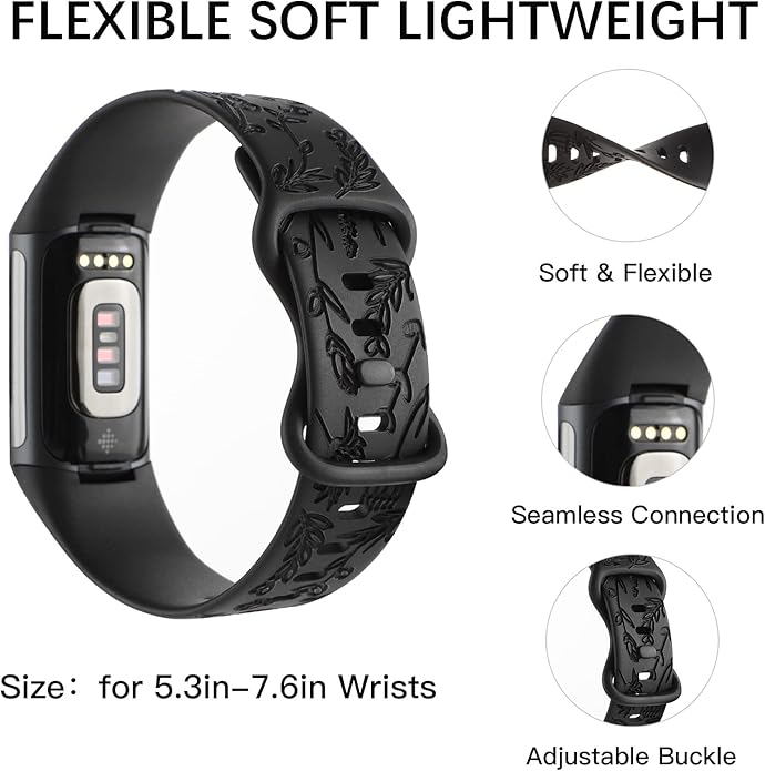 Flower Engraved Bands Compatible with Fitbit Charge 5 Band/Charge 6 Bands Women Cute Floral Engraving Soft Silicone Sport Strap Replacement Wristband for Fitbit Charge 5/6 Tracker Accessories