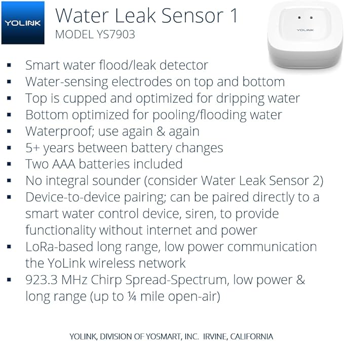 YoLink Water Leak Sensor 3-Pack, LoRa Up to 1/4 Mile Open-Air Range Smart Water Leak & Flood Detector, SMS/Text, Email & Push Notifications, w/Alexa, IFTTT, Home Assistant - YoLink Hub Required