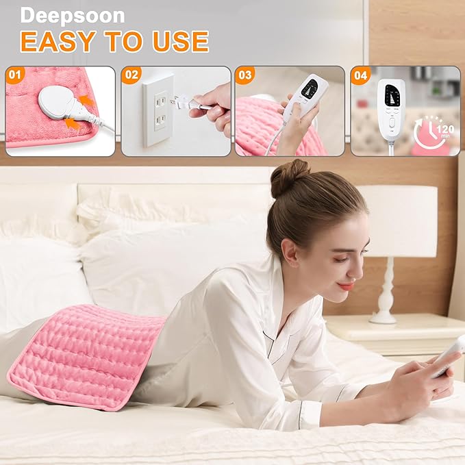 Deepsoon Heating Pad,Electric Heating Pads for Back,Neck,Abdomen,Moist Heating Pad for Shoulder,Knee,Arms,Legs,Dry/Moist Heat & Auto Shut Off,Christmas Gifts for Men and Women,BabyPink,24x12 Inch