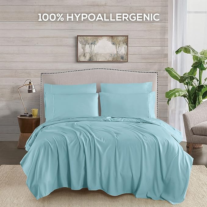 Mueller Luxury 6 PC Full Size Bed Sheets, Super Soft 1800, Deep Pocket up to 16" Full Size Sheets, Transfers Heat, Breathes Better, Hypoallergenic, Wrinkle-Resistant, Oeko-TEX, Aqua