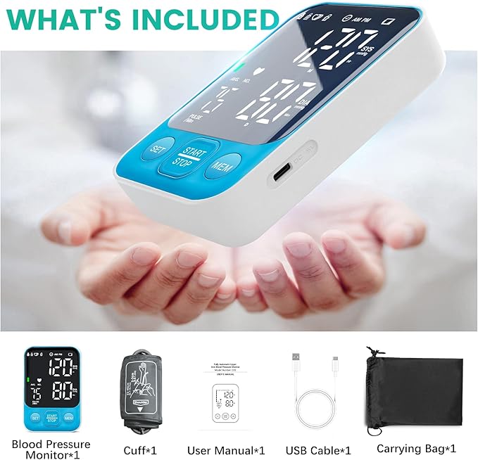 Blood Pressure Monitor Upper Arm Monitors for Home Use BP Machine with 2x120 Reading Memory Adjustable Arm Cuff 8.7"-15.7" Large Display with LED Background Light Storage Bag Light Blue