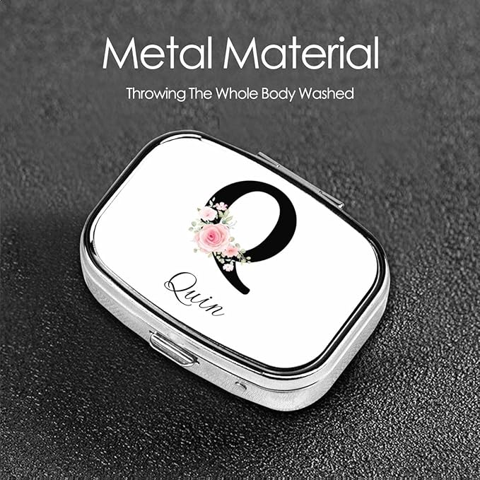 Custom Pill Box Personalized Square Small Pill Case with Mirror Add Your Photo Text Logo Name Decorative 2 Compartment Portable Metal Medicine Container Vitamin Organizer for Pocket Purse Travel (Q)