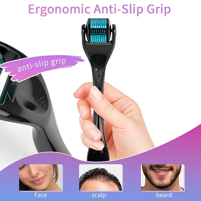 Derma Roller for Hair Growth & Beard – 540 Titanium Microneedle Roller for Face & Scalp – Skin Care Microneedling Kit with Sanitizer Box for Men & Women