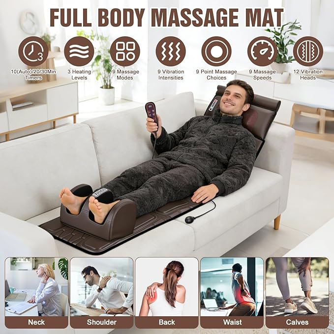 Full Body Massage Mat with Heat, Detachable Shiatsu Neck and Foot Massager, Vibration Massage Mat for Back Pain Relief, 9 Modes 3 Timers, Inflatable Lumbar Pillow, Home Office Gift for Men Women