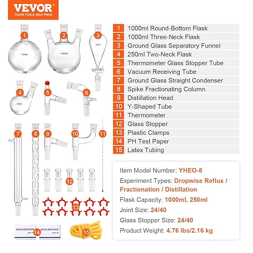 VEVOR Lab Distillation Kit, 3.3 Boro Lab Glassware Distillation Kit with 24, 40 Joint, 1000ml Essential Oil Distillation Apparatus Kit, 29 pcs Set of Glassware Equipment