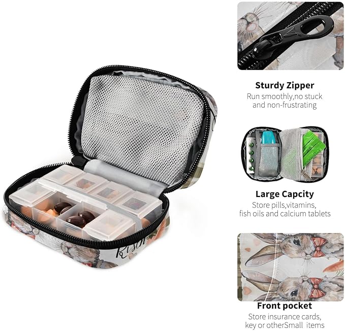 Brown Plaid Bunny Easter Travel Pill Organizer Case Box Container Weekly Portable Vitamin Medicine Holder Storage Bag with Zipper Removable