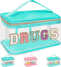 Chenille Letter Clear Makeup Bag DRUGS Pouch, Preppy Cute Small Meds Travel Bag Zipper with Handle, Transparent PVC & Nylon Waterproof Glitter Cosmetic Handbag Toiletry Storage for Women(DRUGS-Green)