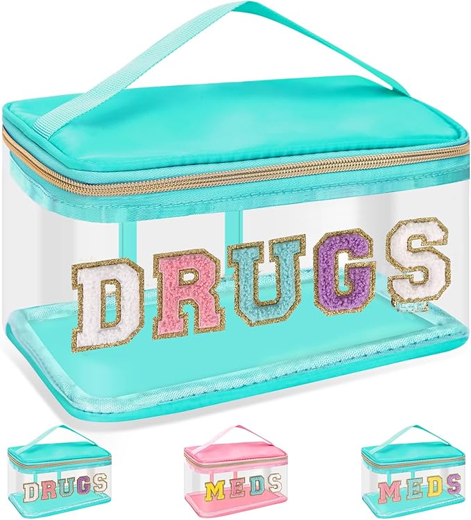 Chenille Letter Clear Makeup Bag DRUGS Pouch, Preppy Cute Small Meds Travel Bag Zipper with Handle, Transparent PVC & Nylon Waterproof Glitter Cosmetic Handbag Toiletry Storage for Women(DRUGS-Green)