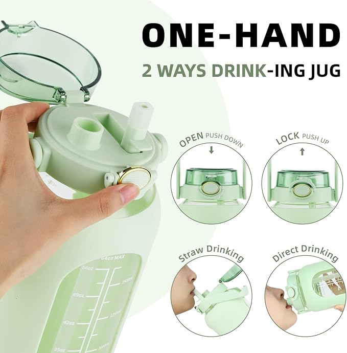 Glass Water Bottle with Straw and Handle Lid Half Gallon Motivational Glass Bottle with Silicone Sleeve and Time Marker Large Reusable Sports Water Jug for Gym Home Workout