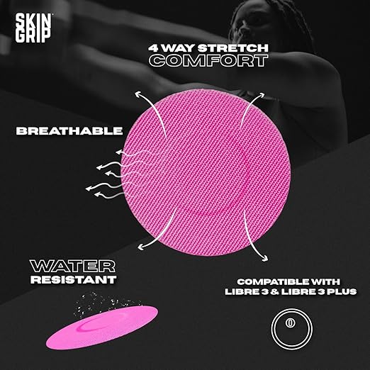 Skin Grip Freestyle Libre 3 Sensor Covers-Waterproof & Sweatproof Adhesive Patches for 10-15 Days (Not for Libre2), Pre-Cut CGM Diabetic Sensors Cover, Compatible with Instinct Sensors- 20 Pack, Pink