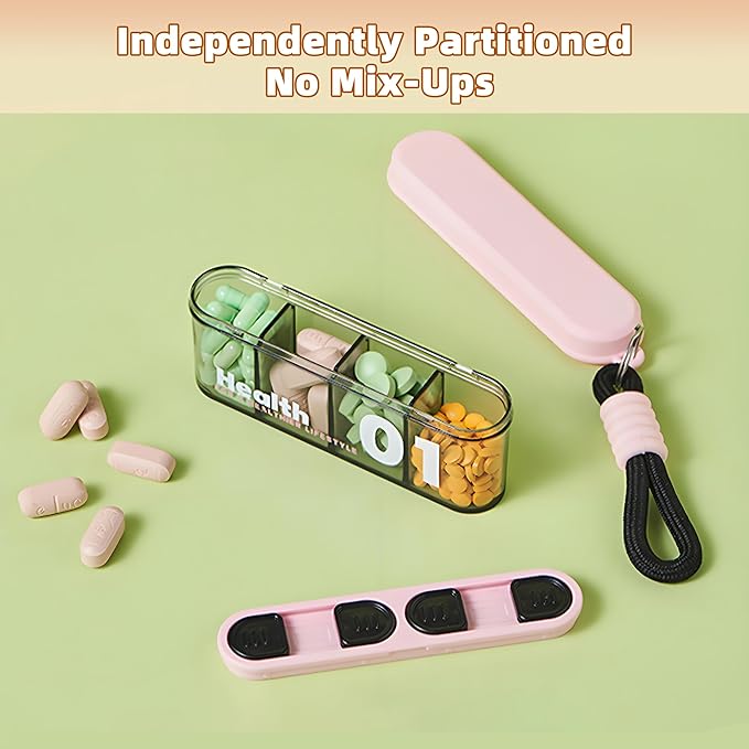Portable Pill Dispenser with 4 Compartments, Travel Pill Bottle Organizer with Strong Seal，Anti-Mix Supplement Organizer，Pill Box Case with BPA-Free，Pill Container with Wide Opening Design (Pink)