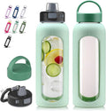 Kodrine Glass Water Bottle 32 oz-Light Green/Borosilicate Glass Motivational Water Bottle with Straw and 2 Lids,Silicone Sleeve,Time Marker,Dishwasher Safe and BPA Free for Travel,Sports
