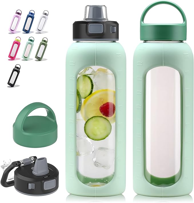 Kodrine Glass Water Bottle 32 oz-Light Green/Borosilicate Glass Motivational Water Bottle with Straw and 2 Lids,Silicone Sleeve,Time Marker,Dishwasher Safe and BPA Free for Travel,Sports