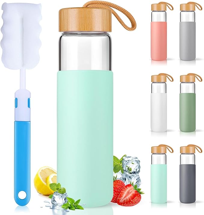 Borosilicate Glass Water Bottles with Silicone Sleeve BPA Free, Dishwasher Safe - Reusable Clear Glass Drinking with Leak Proof Bamboo Lid (Pure Blue, 25 Ounces)