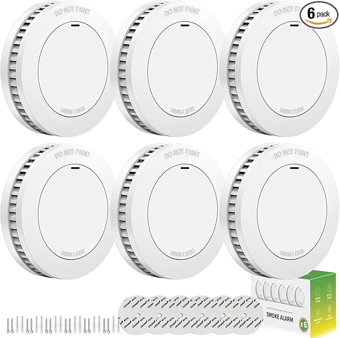 10-Year Battery Life Photoelectric Smoke Detector with Test/Silence Button for Home Use (6 Pack)
