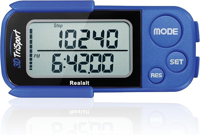 Realalt 3DTriSport 3D Walking Pedometer with Clip & Strap, Accurate Step Counter with 30-Day Memory, Distance in Miles/KM with Large Display Perfect for Seniors & Beginners, eBook Included