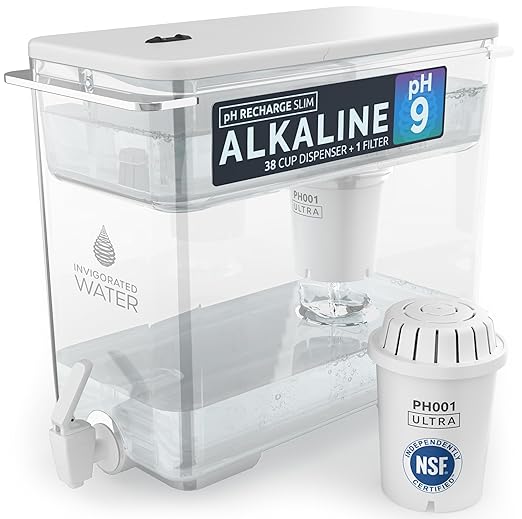 Invigorated Water - Alkaline Countertop Water Filter Dispenser, Large Capacity, Mineralized Alkaline Water, BPA-Free, 96 Gallons/Filter (White, 1 NSF Filters Included)