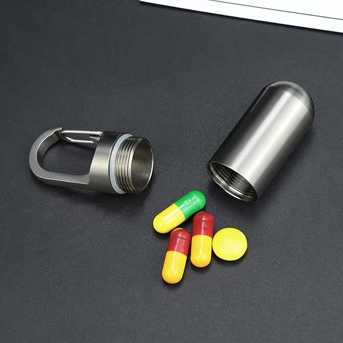 Keychain Pill Container Titanium, Pill Holder Travel Hide Portable Pill Case BPA Free, Waterproof Pill Fob Capsule, Small Pocket Size Pills Carrier for Outdoor Emergency First Aids