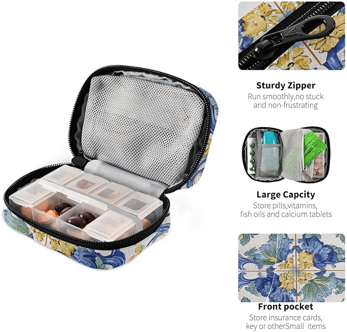 Vintage Floral Blue and Yellow Tile Travel Pill Organizer Case Box Container Weekly Portable Vitamin Medicine Holder Storage Bag with Zipper Removable