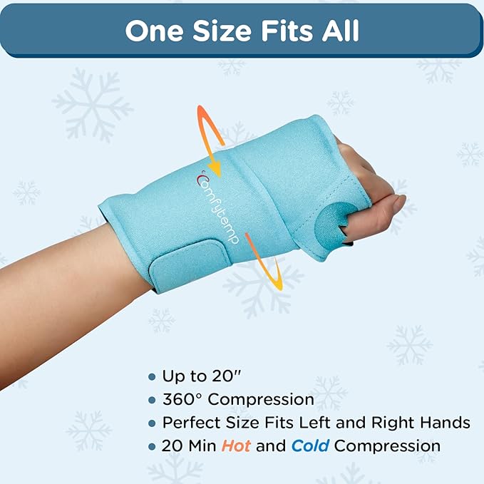 Comfytemp Wrist Ice Pack Wrap for Carpal Tunnel Relief, Wrist Brace for Hand Pain, Gel Ice Packs for Injuries Reusable, Hot Cold Compression for Tendonitis, Tenosynovitis