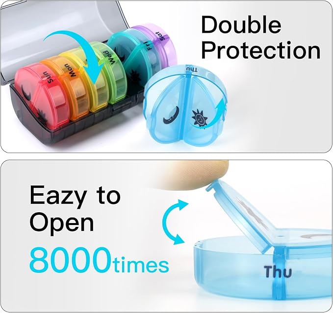 Weekly Pill Organizer 2 Times a Day, Travel Pill Box 7 Day, AM PM Twice a Day Pill Case, Portable Daily Vitamin Organizers for Medication, Vitamins, Fish Oil, Supplements (Multi-Color)
