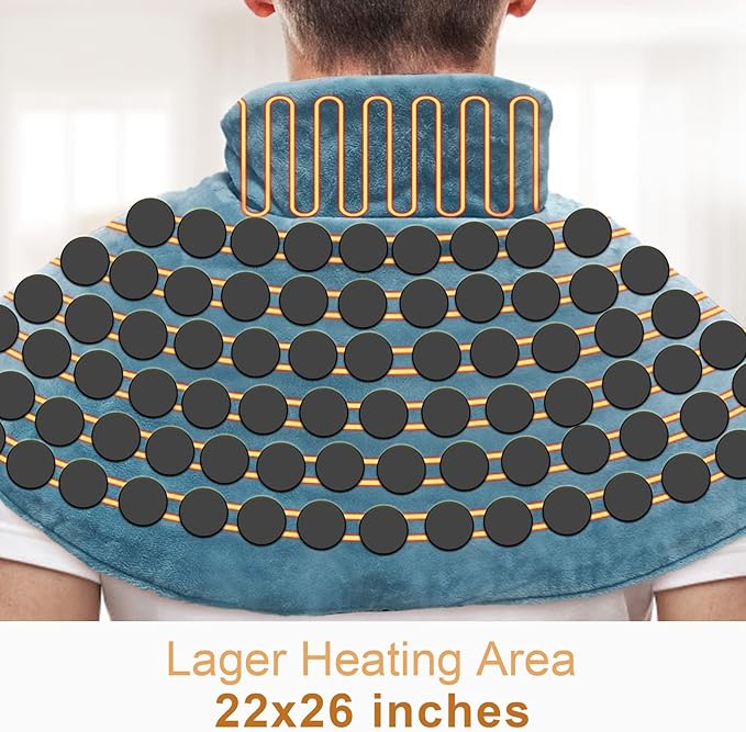 Jade Stone Heating Pad for Neck and Shoulders, 22”*26” Weighted Heated Shoulder Wrap for Upper Back Pain Relief, Fast-Heating with 12 Heat Setting, and 1-24h Auto-Off,Stay on Function.
