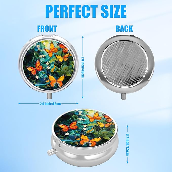 Pill Box, 3 Compartments Small Pill Case Travel Portable Metal Medicine Box with Mirror Mini Container for Purse Pocket Women Men（Watercolor Butterfly）