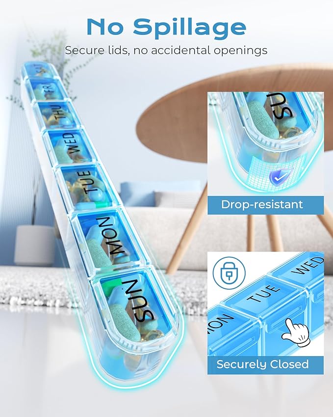Daviky Weekly Pill Organizer, Large 7 Day Pill Box, Travel Pill Case, Daily Pill Dispenser for Vitamins, Medicines, Supplements, and Fish Oil(Blue)