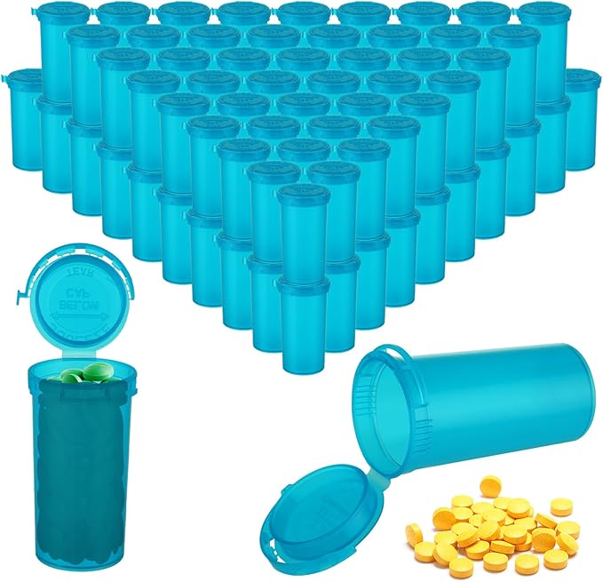 100 Pcs Plastic Empty Prescription Vial, 13 Dram Pill Bottles, Waterproof Airtight Joint Pill Bottles with Pop Top Caps Medicine Container for Pills, Crafts, Candy, Supplements and More(Blue)