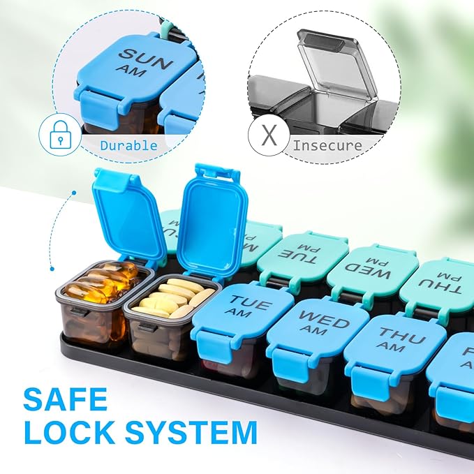 Large 7 Day Pill Organizer, XL AM PM Twice a Day Medicine Storage Box, Big 2 Week Pill Holder for Pills, Vitamins & Supplements, Travel Pill Case for Medication（Blue+Cyan）
