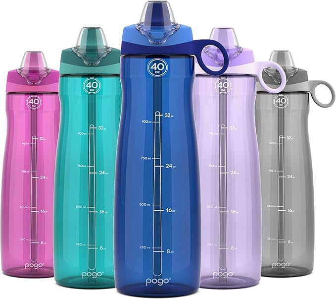 Pogo Plastic Water Bottle with Straw Lid and Carry Handle, Reusable, BPA Free, Dishwasher Safe, Perfect for Travel, School, Outdoors, and Gym | 32oz, 40oz