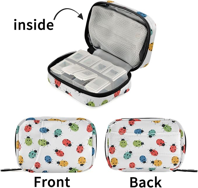 Fustylead Colorful Hand Draw Ladybugs Pill Organizer and Storage Weekly with Zipper, Removable Pill Box Portable Medicine Organizer for Vitamin Fish Oil Supplement