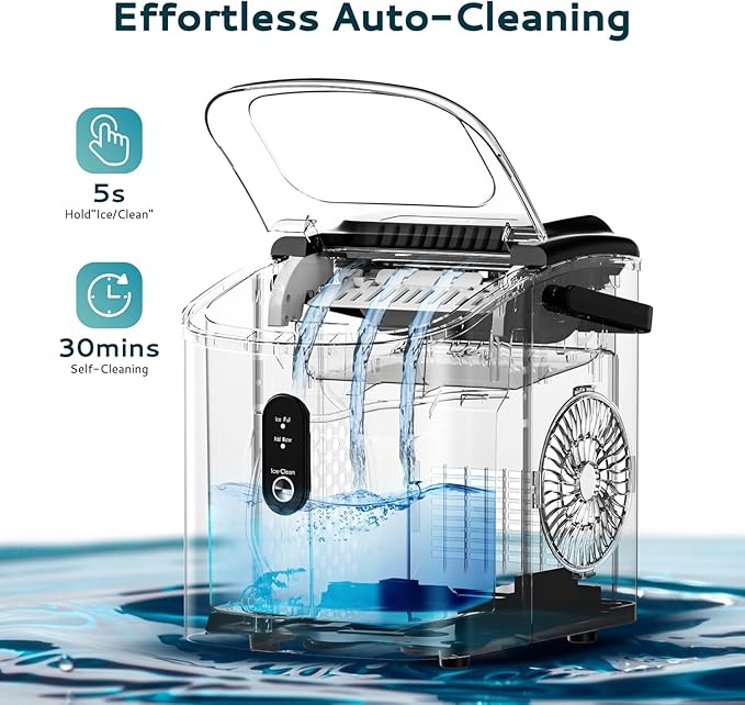 EUHOMY Ice Maker Countertop, Portable Ice Machine with Carry Handle, 26.5lbs Per Day, 9 Cubes in 6 Mins, Auto-Cleaning, with Basket and Scoop, for Home, Kitchen, Camping, RV