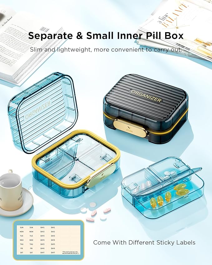 Small Pill Box, Travel Pill Case, Acedada Daily Pill Container for Purse Pocket, Moistureproof 7 Compartments Pill Holder, Stylish Portable Medicine Vitamin Organizer for Supplements Fish Oils, Blue