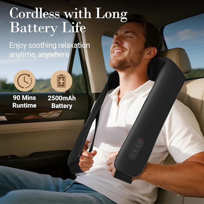 Cordless Neck Massager for Pain Relief Deep Tissue, FSA Eligible HSA Store Upgrade Shoulder and Back Massager with Heat, Skin-Friendly Elastic Fabric & Extended Straps for Larger Body Types
